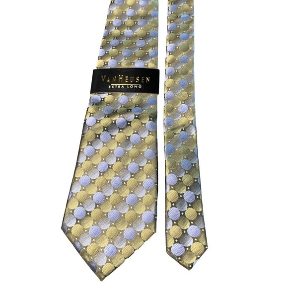 Van Heusen Extra Long Stain Resistant Tie for Men Gold Blue Polka Dot Polyester - Picture 1 of 6